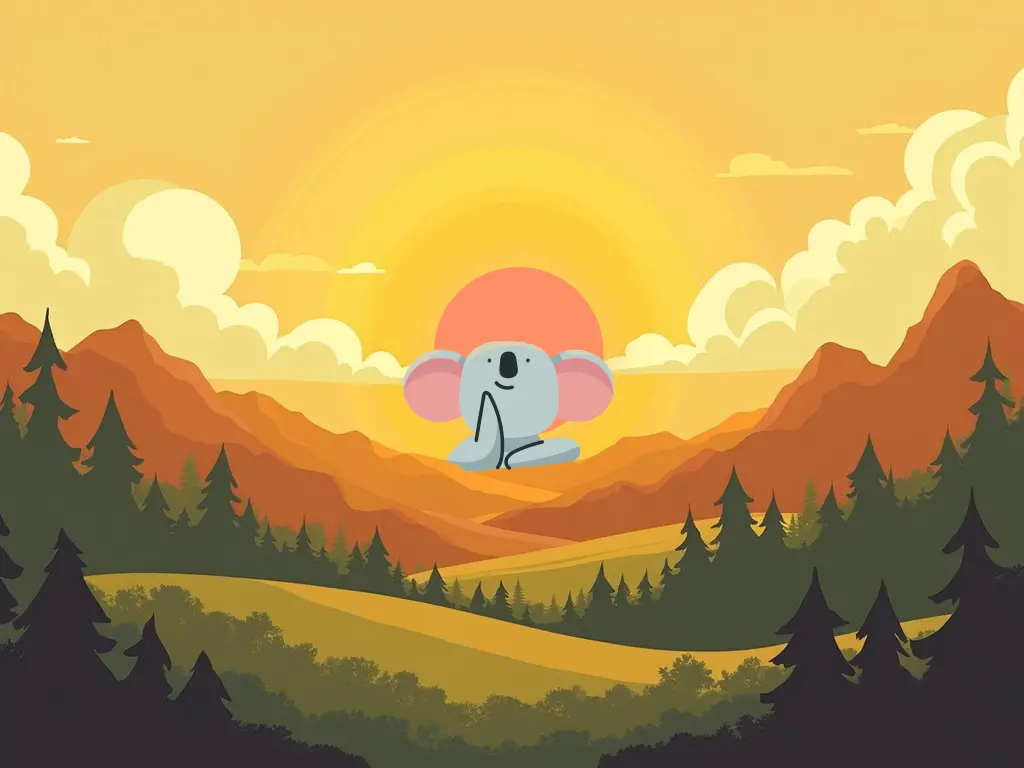 illustration of a morning sunrise with cartoonish koala next to sun